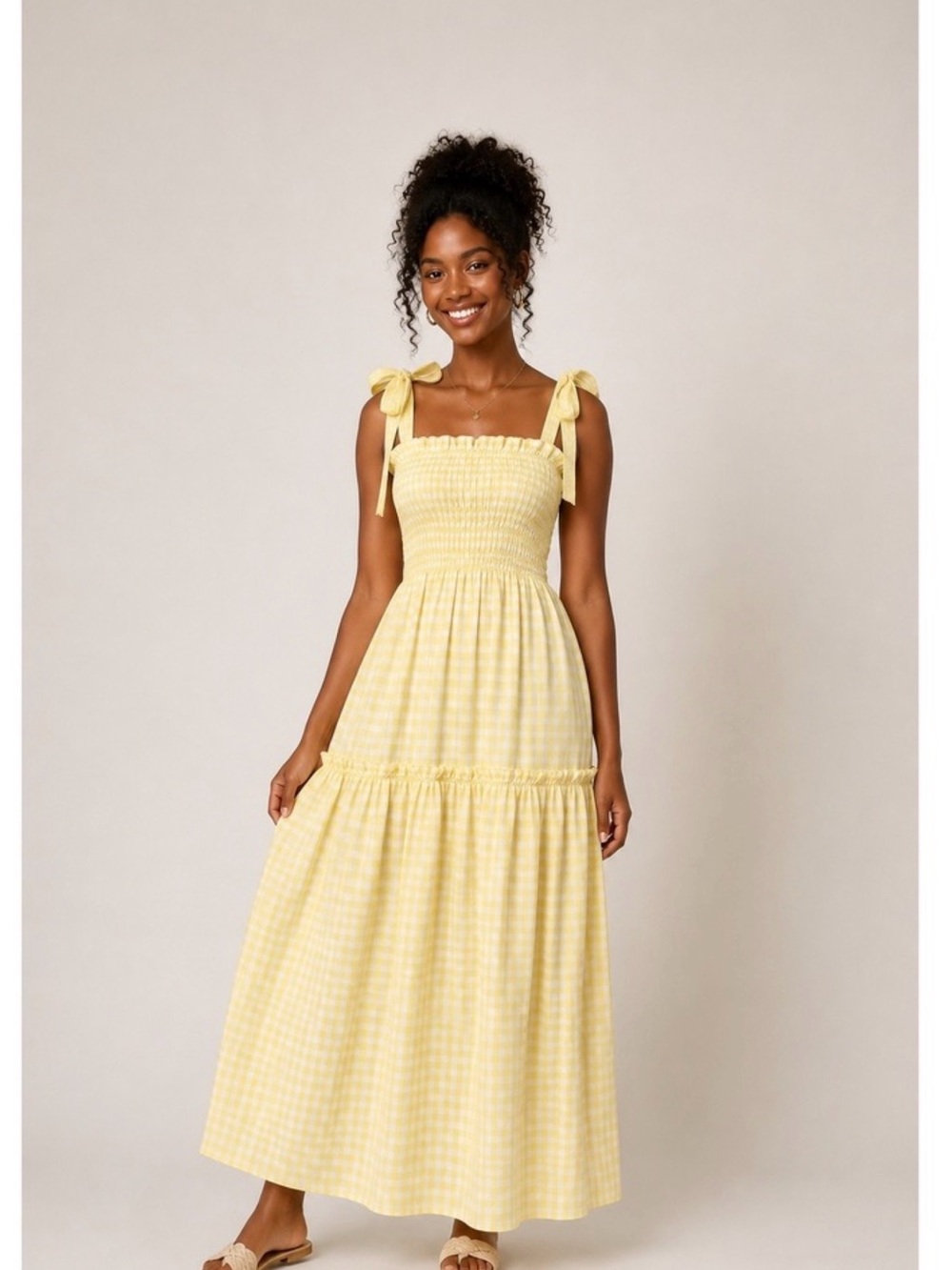 Yellow Gingham Maxi Dress with Smocked Bodice and Tie Straps